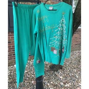 Vintage Fast Happy Holidays Christmas Tree Handmade Set Top & Pants Best Large